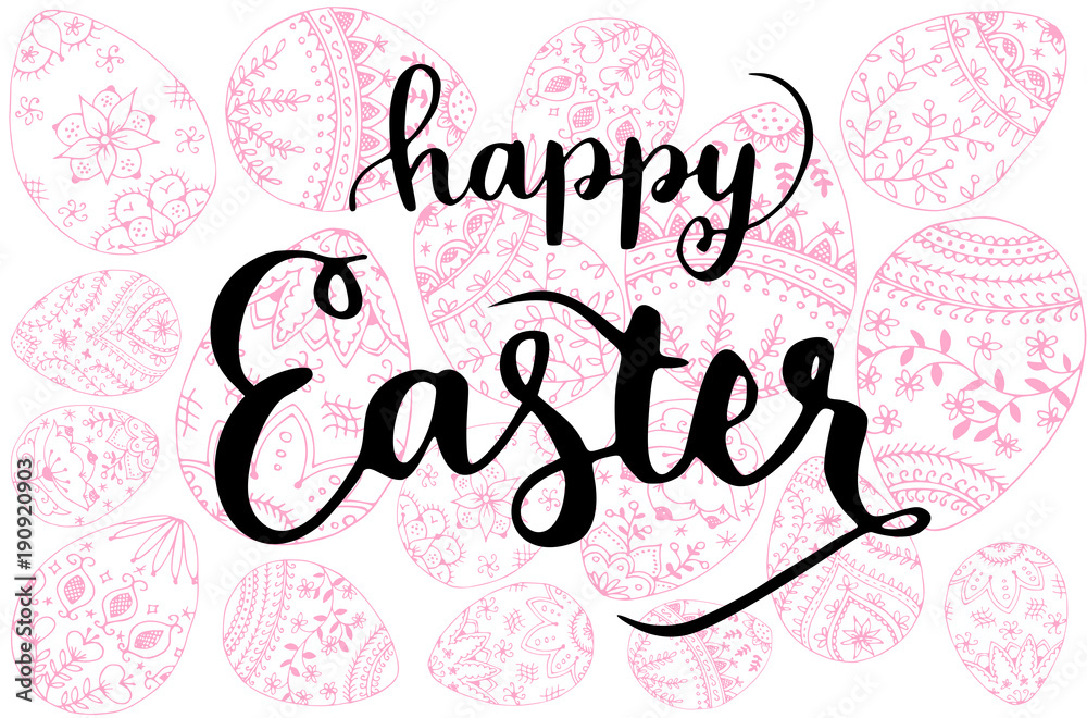 Happy Easter italic handwritten lettering with pink easter eggs