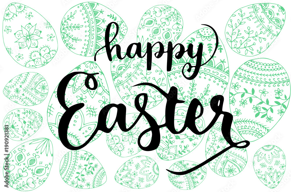 Happy Easter italic handwritten lettering with green easter eggs