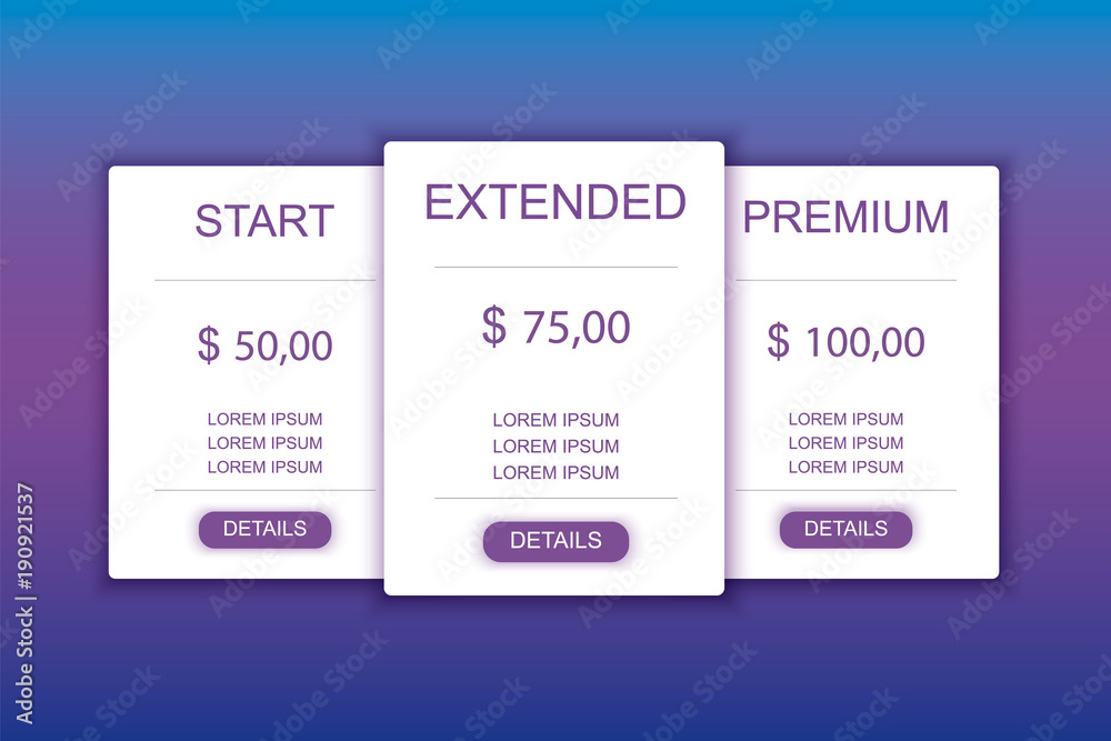 Three banners. Pricelist, hosting plans and web design boxes of banners. Banners for tariffs and price lists. Web elements. Plan the hosting. design for a web application.