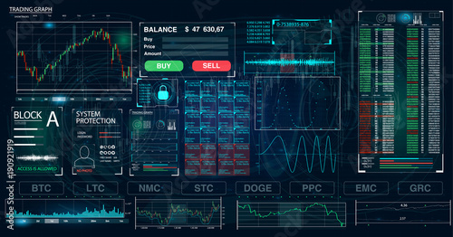 Futuristic user interface for trading applications. Touch interface. Abstract virtual graphic touch user interface. HUD. Blue and white elements. Web elements