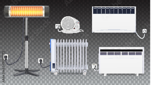 Electric oil radiator, heater with fan, panel of radiator, quartz halogen heater with the glowing lamp. Appliances for space heating in the interior of room. Set icons of on transparent background.