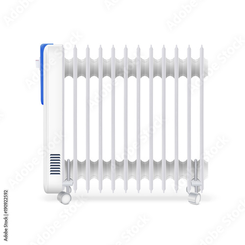 Oil radiator isolated on white background. White, electric oil filled heater. Vector, resizable icon of convector.