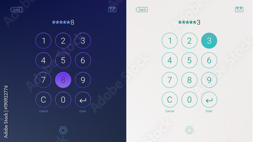 Passcode interface for lock screen, login or enter password pages. Digital numpad app, user interface kit, mobile interface. Concept of UI design, light and dark variants photo