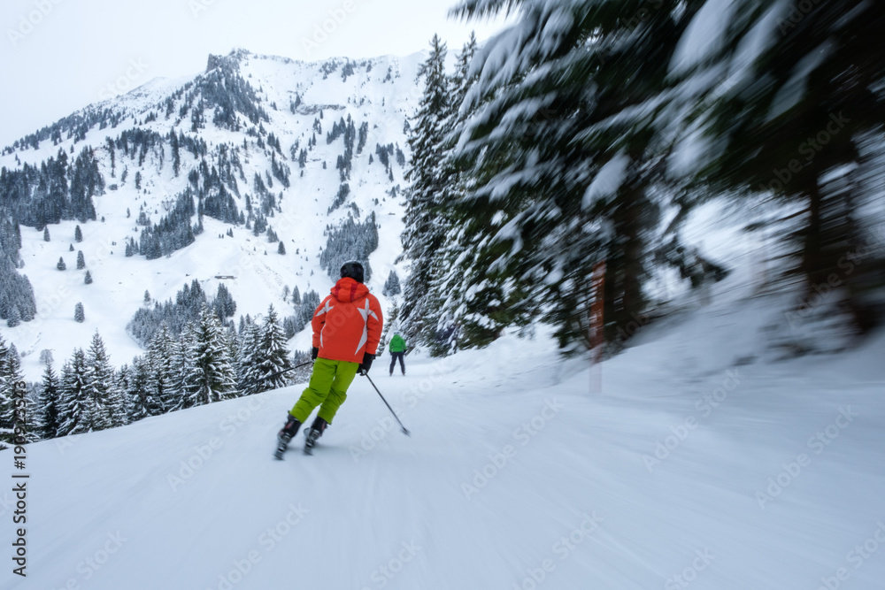 Skier in action, with blurred trees, fast