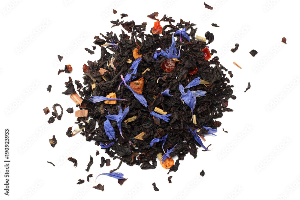 Aromatic black dry tea with petals isolated on white background top view Aromatic black dry tea with petals isolated on white background top view