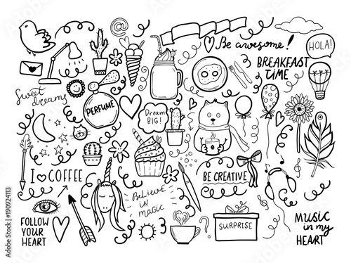 Set of handmade doodles with motivaton lettering.