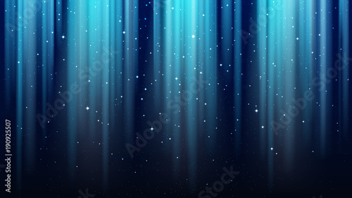 Empty dark blue background with rays of light, sparkles, shining night star sky