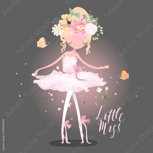 Obraz Piękna baletnica, baletnica z kwiatami, wieniec kwiatowy, bukiet, wiązane kokardy, maślanka i iskierki. Napis Little Miss