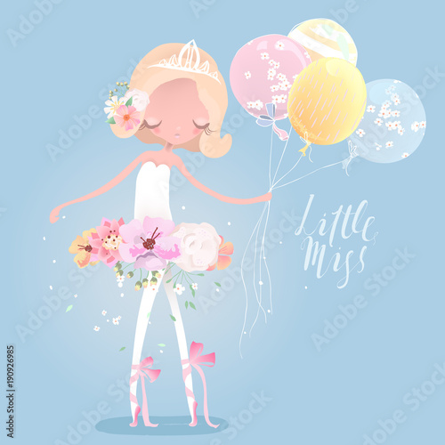Beautiful ballet girl, ballerina in crown with flower dress, floral wreath, bouquet, tied bows and balloons. Little Miss lettering