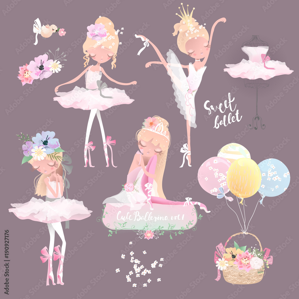 Beautiful ballet girl, ballerina in crown with flowers, floral wreath,  bouquet, tied bows, romantic basket with balloons and bird set, collection  Stock Vector | Adobe Stock