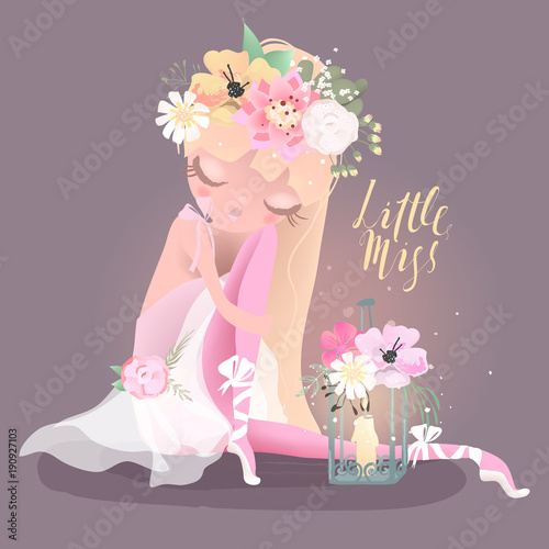 Fototapeta Naklejka Na Ścianę i Meble -  Beautiful sitting ballet girl, ballerina with flowers, floral wreath, bouquet, tied bows and whimsical lantern. Little Miss lettering