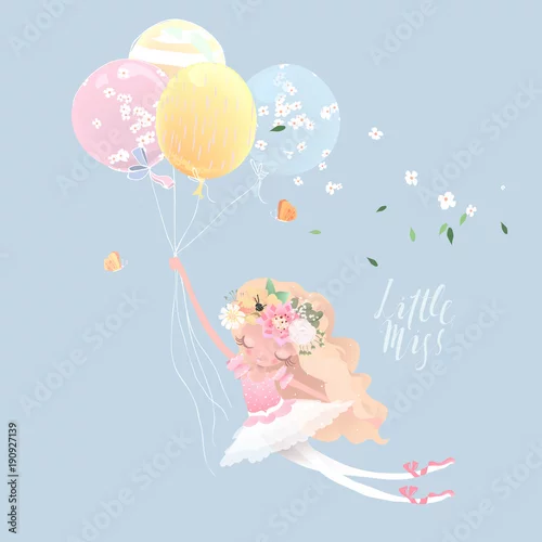 Obraz Piękna baletnica, baletnica z kwiatami, wieniec kwiatowy, bukiet i wiązane kokardy lecące z balonami. Napis Little Miss