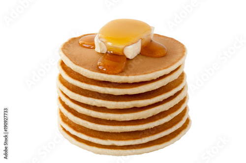 Stack of Pancakes with maple syrup and butter isolated on white background. Shrove Tuesday. Mardi Gras. Food. Family Breakfast. Brunch. Dessert. Snacks.