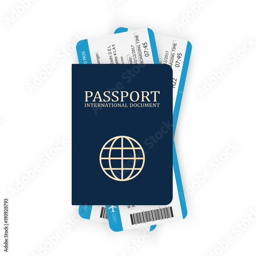 Passport with boarding pass. Two airplane tickets inside passport. Air travel concept. Tourism concept