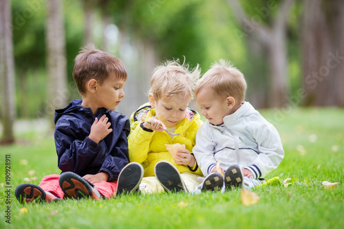 Young boys sitting on grass in park, one brother eating ice cream while the other two watching him