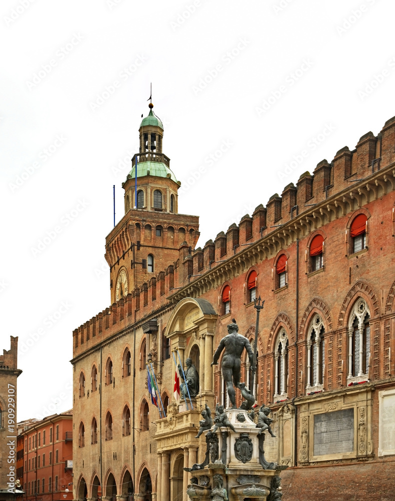 Fountain Neptune and Palazzo Accursio in Bologna. Italy