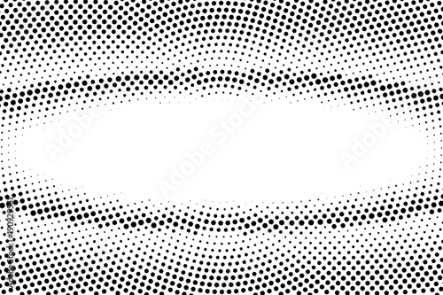 Black white dotted halftone. Half tone vector background. Grungy centered oval dotted gradient.