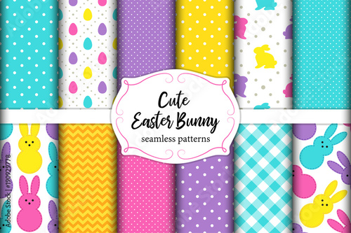 Cute set of Easter seamless patterns design with funny cartoon characters of bunnies