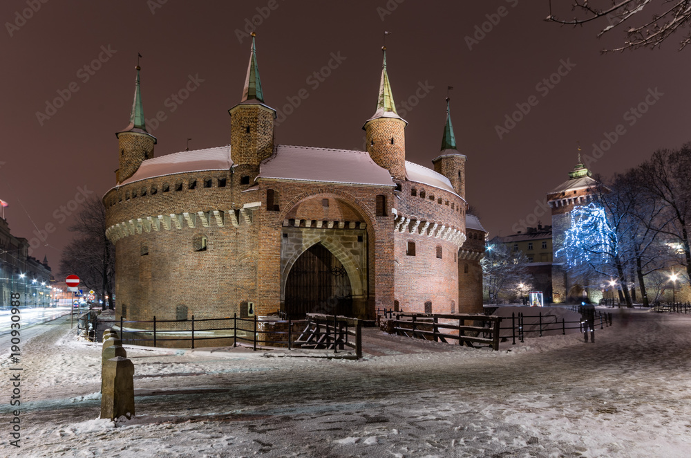 Obraz premium Krakow, Poland, Barbicane fortification in the winter night