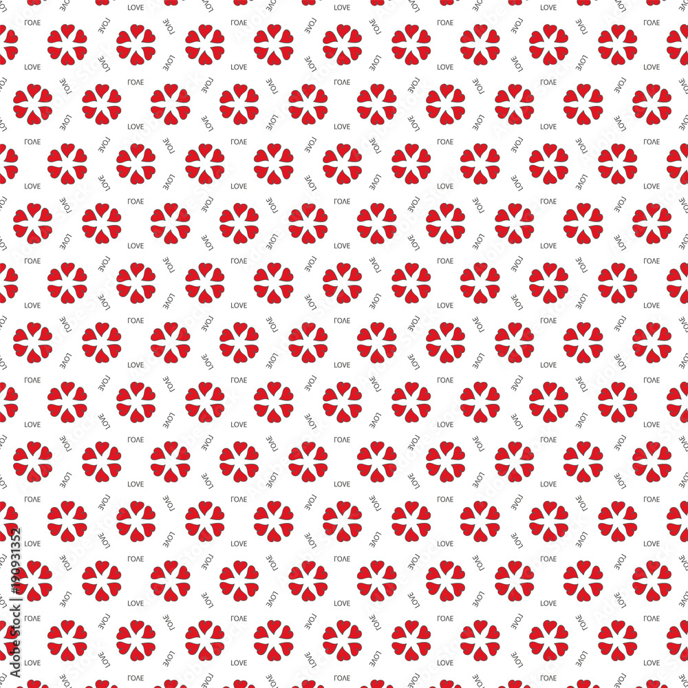 Seamless pattern red flowers hearts and word love on white background. Simple beautiful print for wrapper, napkins, wallpaper, fabrics. Valentine's day, wedding, romance. Vector EPS 10