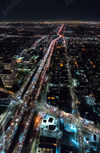 Aerial view of a massive highway in Los Angeles, CA at night © Tierney