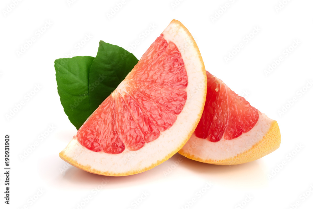 Grapefruit slices with leaves isolated on white background Grapefruit slices with leaves isolated on white background