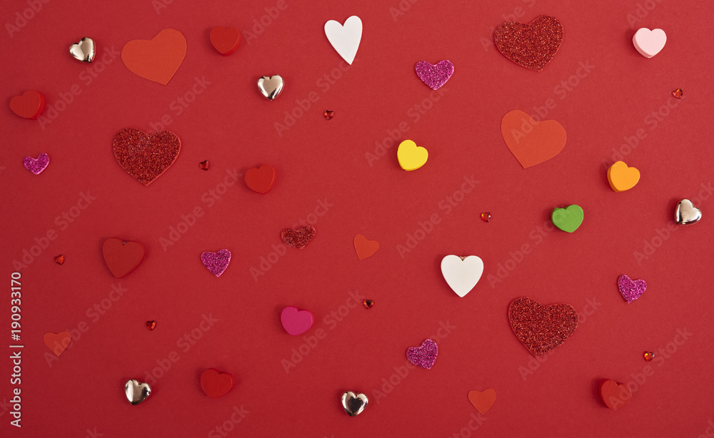 A lot of differen hearts. over red background. Valentines day card A lot of differen hearts. over red background. Valentines day card