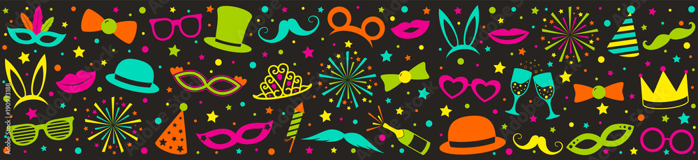 Multicoloured party banner with funny costumes. Carnival, photo booth and birthday party. Vector.