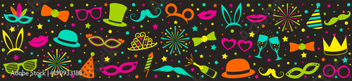 Multicoloured party banner with funny costumes. Carnival, photo booth and birthday party. Vector.