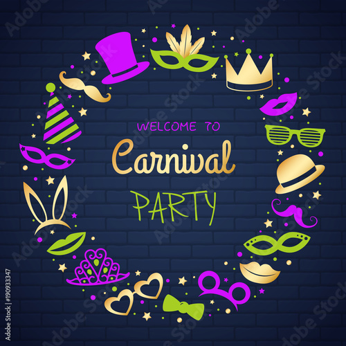 Carnival Party - poster with funny icons. Vector.