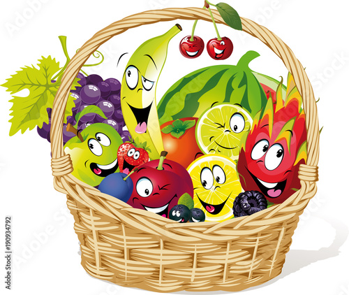 basket full of fruit character cartoon - vector illustration