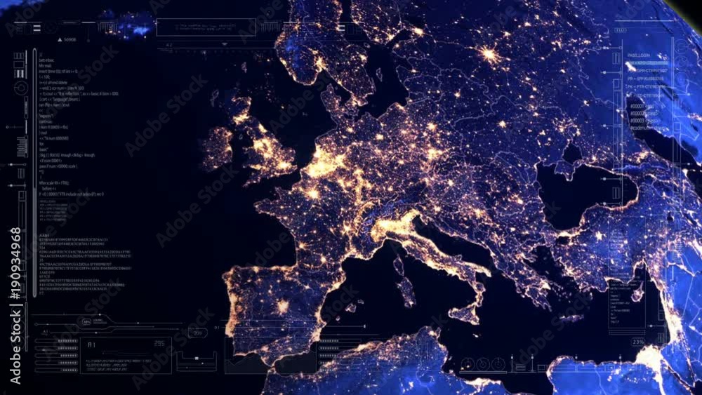 Delhi to Europe.India to France.Planet Earth intro.Flight from South Asia.HUD with digital data code.Futuristic cosmic opener. Good for headline news, TV show.Type 2