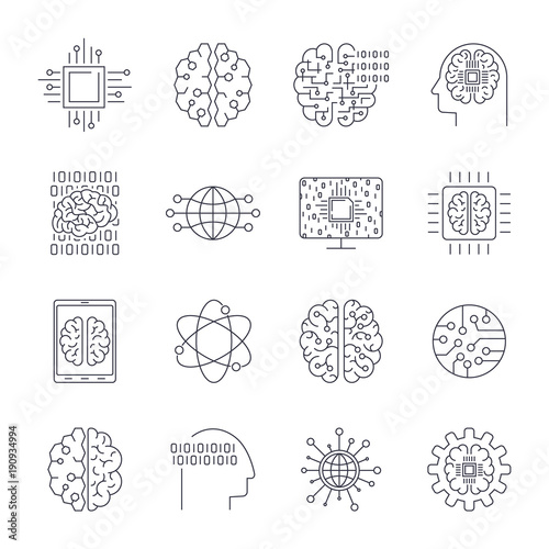 Icons in contour, thin and linear design. Artificial Intelligence, Modern technology. Concept illustration for website, apps, programs. AI, IoT, Robot, Cyber brain, chipping and other.
