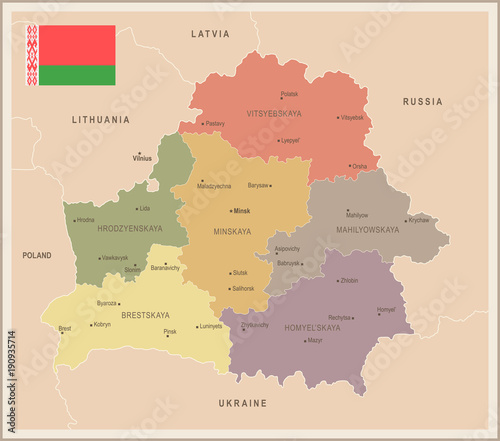 Fotografie, Tablou Belarus - vintage map and flag - Detailed Vector Illustration