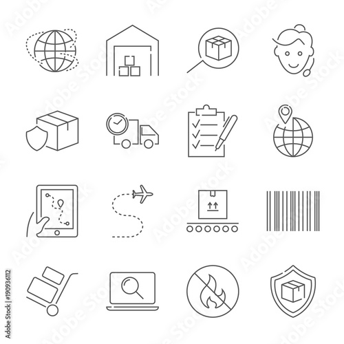 Parcel delivery service and logistics icon set. Fast delivery and quality service transportation. Shipping vector icons for logistic company. Editable Stroke.