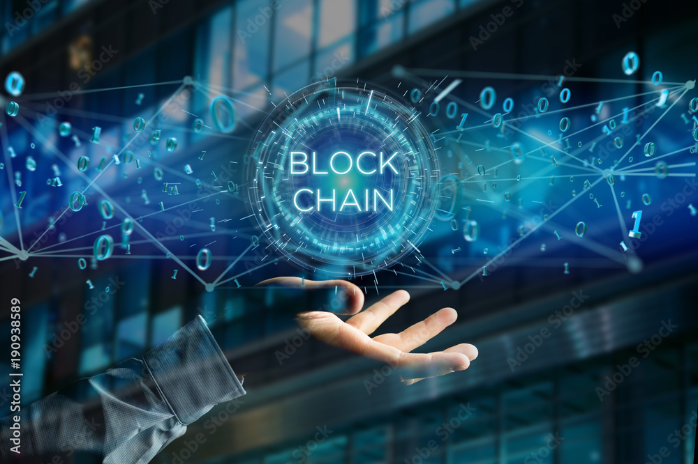 Blockchain title with 0 and 1 data flying over Blockchain title with 0 and 1 data flying over