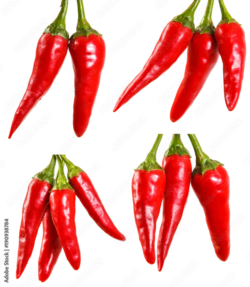 several red hot chili peppers isolated on white background. set, collection