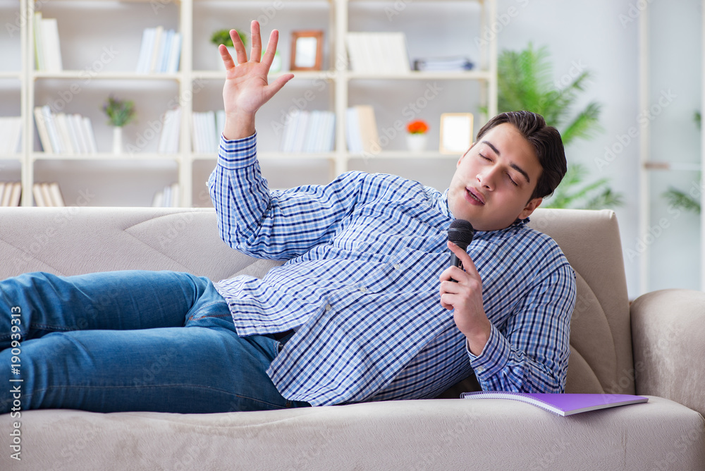 Funny man singing songs in karaoke at home Funny man singing songs in karaoke at home
