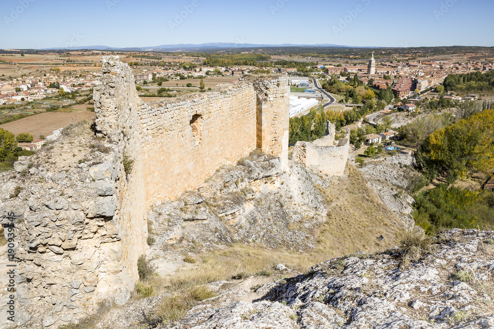 the castle wall and a view over Burgo de Osma town, province of Soria, Spain