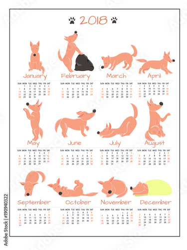Calendar with red pet dog in different poses. 2018 calendar with cute cartoon foxy dog.