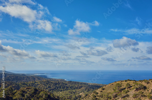 Looking across a campsite towards Chrysohou Bay, Laatchi, Polis and the Akamas Peninsula, Paphos, Cyprus.