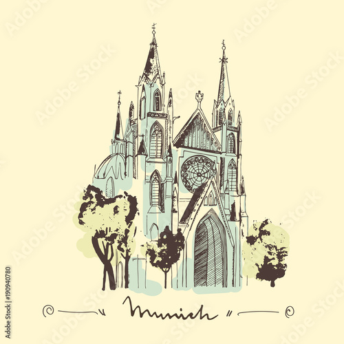 Sketch of St. Paul church in Munich hand drawn illustration. Gothic cathedral as a landmark of Munich. 