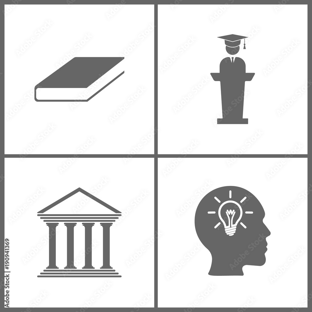 Obraz premium Vector Illustration Set Office Education Icons. Elements of book, Graduate standing near tribune, icon of court building and head with bulb