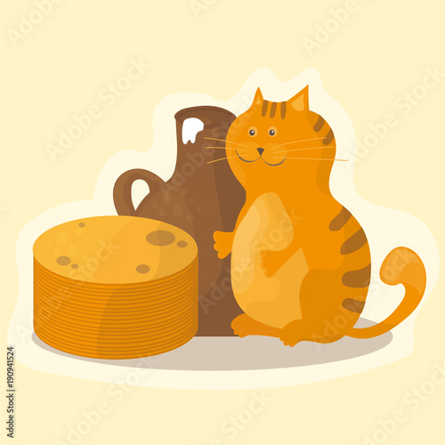 Shrovetide or Maslenitsa. Pancakes, sour cream and cat