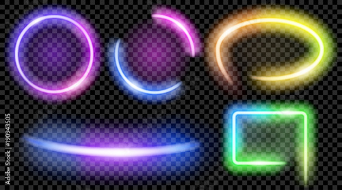 Set of colorful translucent neon frames on transparent background. Transparency only in vector format photo