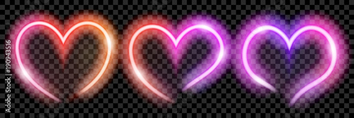 Set of colorful translucent neon hearts on transparent background. Transparency only in vector format