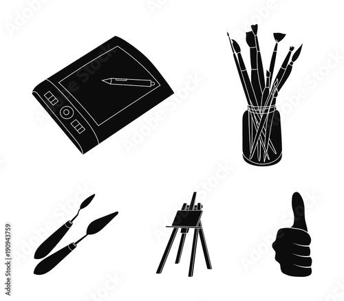 Bank with brushes, a drawing board, an easel with a canvas, paint knives.Artist and drawing set collection icons in black style vector symbol stock illustration web.