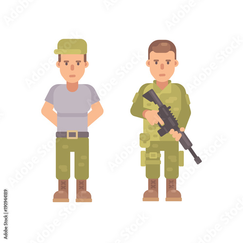 Soldier in a T-shirt and cap. Man in military uniform holding a rifle. Flat character illustration