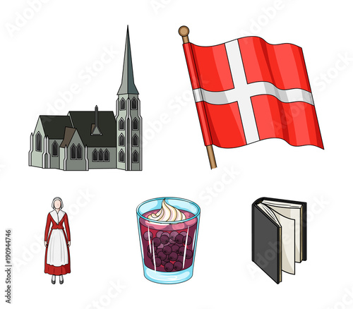 Flag, national, symbol, and other web icon in cartoon style.Denmark,history, tourism, icons in set collection.