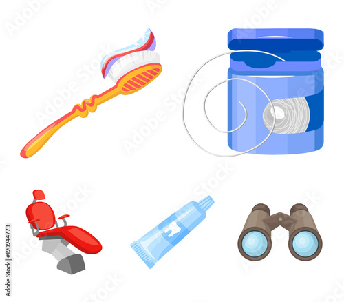 Dental floss, toothbrush, toothpaste, dental chair. Dental care set collection icons in cartoon style vector symbol stock illustration web.